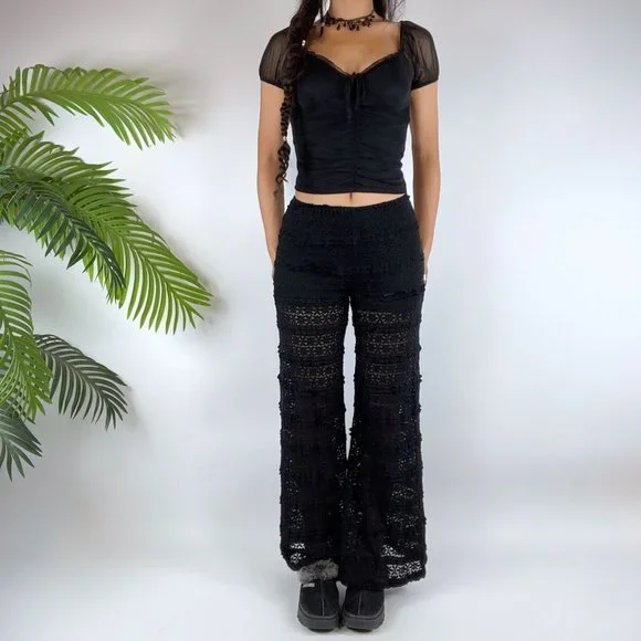 Vintage Y2K Black Lace Whimsigoth Low Rise Flare Fairy Grunge Pants / Size: S - Picture 2 of 6